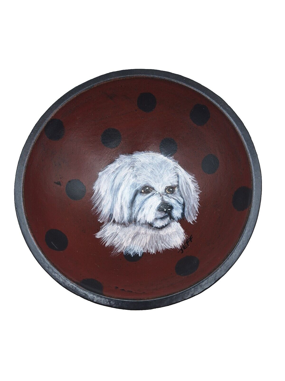Hand Painted Artist Signed Shih Tzu Wooden Dog Bowl Dish 6.5\