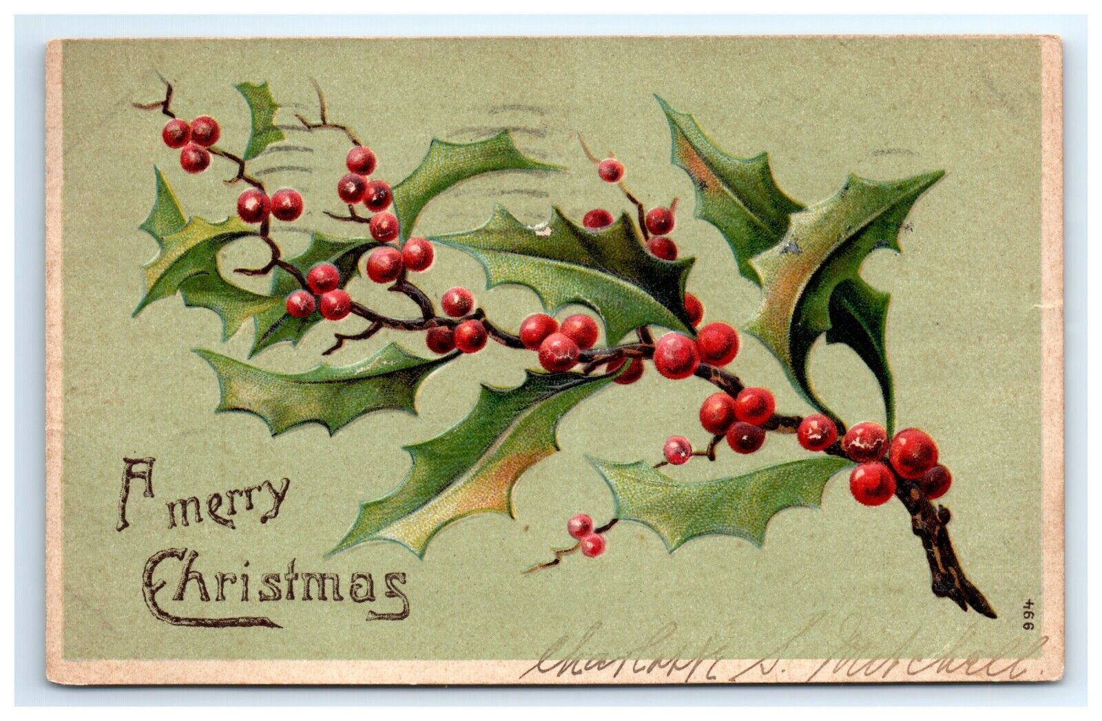 Postcard Merry Christmas Holly and Berries Posted 1907 Charlotte S Mitchell