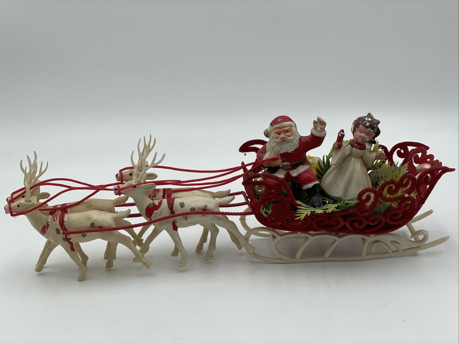 Vintage 50’s 60’s Santa Angel in Sled 4 White Gold Reindeer Plastic Christmas 