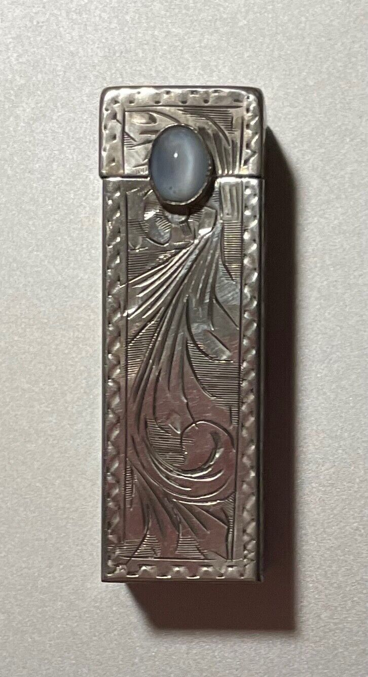 Vtg 800 Sterling Silver Ornate Lipstick Case Holder Mirrored Lid Lt. Blue Stone