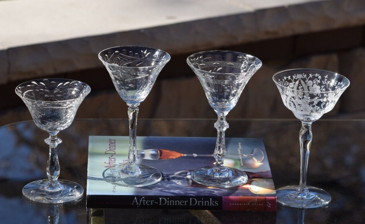4 Vintage Etched Port Wine - Liqueur Glasses, Set of 4 Mis-Matched 3 oz Cocktail
