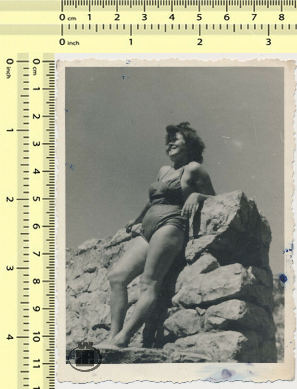088 Swimsuit Woman Smiling Abstract Swimwear Lady Beach Portrait vintage photo