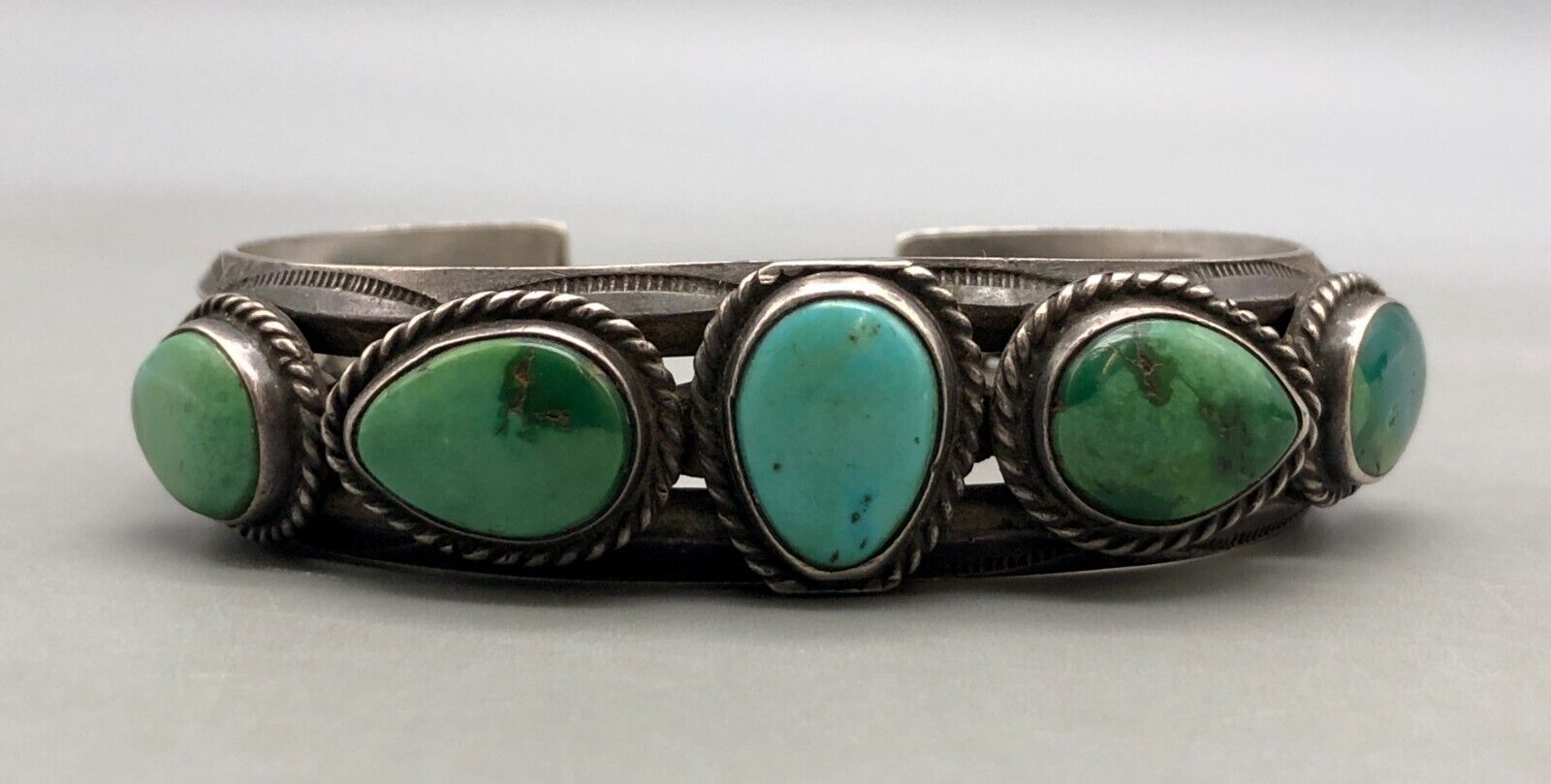1920s to 1930s Five Stone Turquoise And Sterling Silver Bracelet