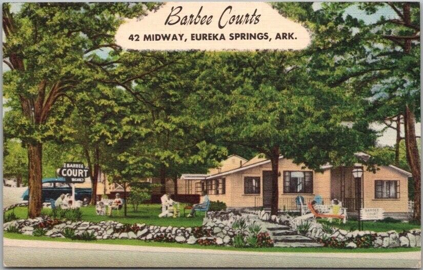 1950s EUREKA SPRINGS, Arkansas Postcard BARBEE COURTS Roadside MWM Linen /UNUSED
