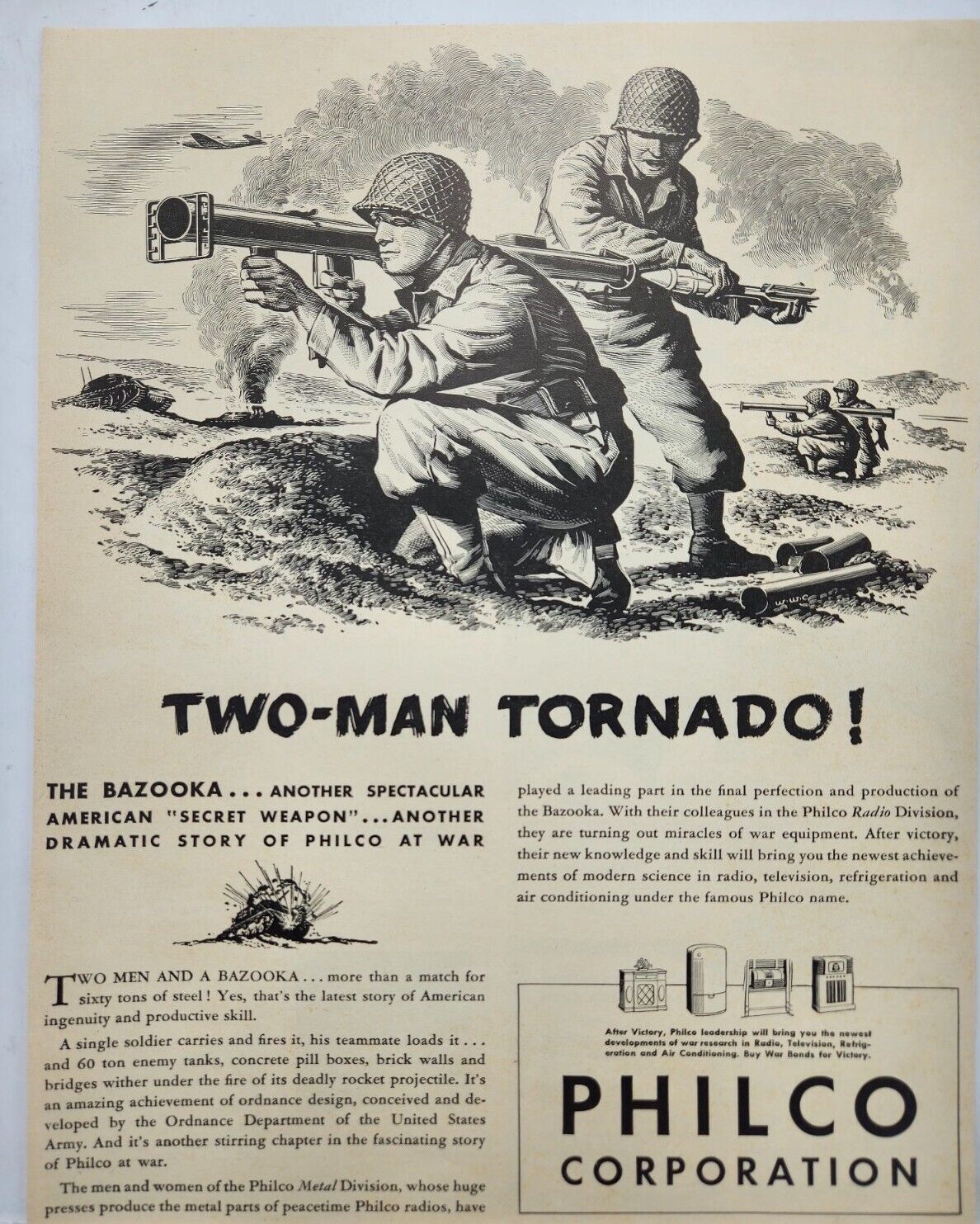 1943 Philco Bazooka War Two Man Tornado Vintage WWII Print Ad Man Cave Art Deco
