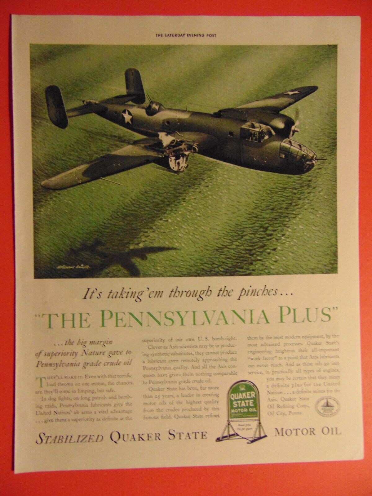 1942 QUAKER STATE MOTOR OIL WWII Plane Flys missing Engine vintage print ad