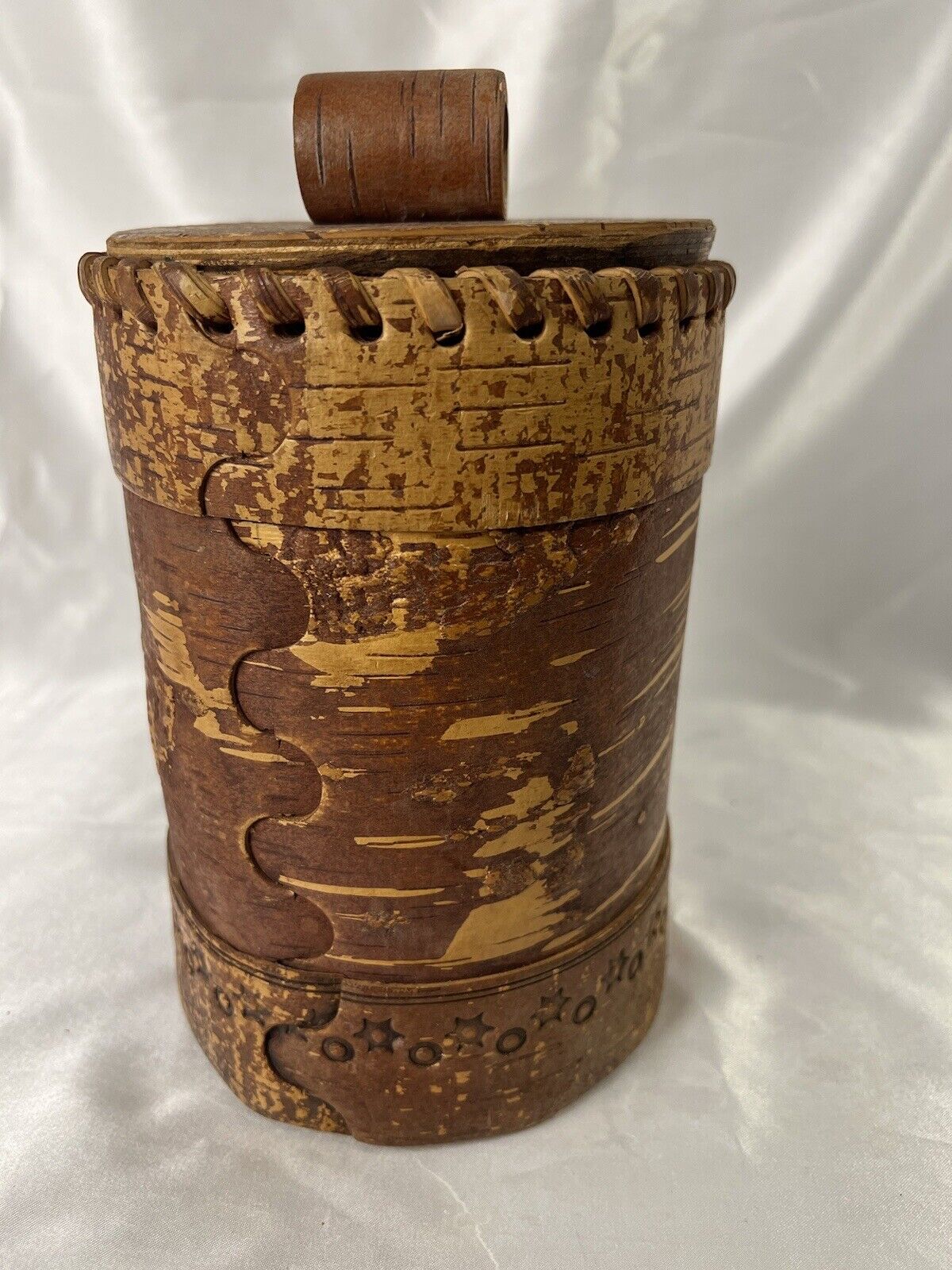 Vintage Russian USSR Birch Bark Box Tall w/ Container Hand Carved Wood 8”