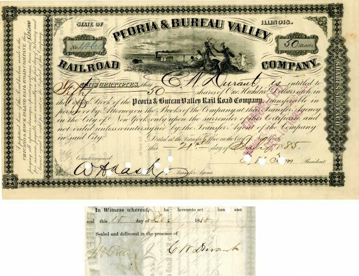 Peoria and Bureau Valley Railroad Co. issued to and signed by C.W. Durant - Stoc