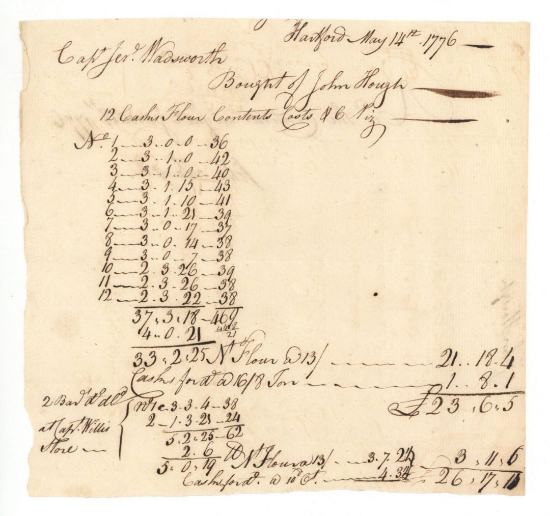 1776 Revolutionary War Invoice - Connecticut Revolutionary War Bonds, etc. - Con