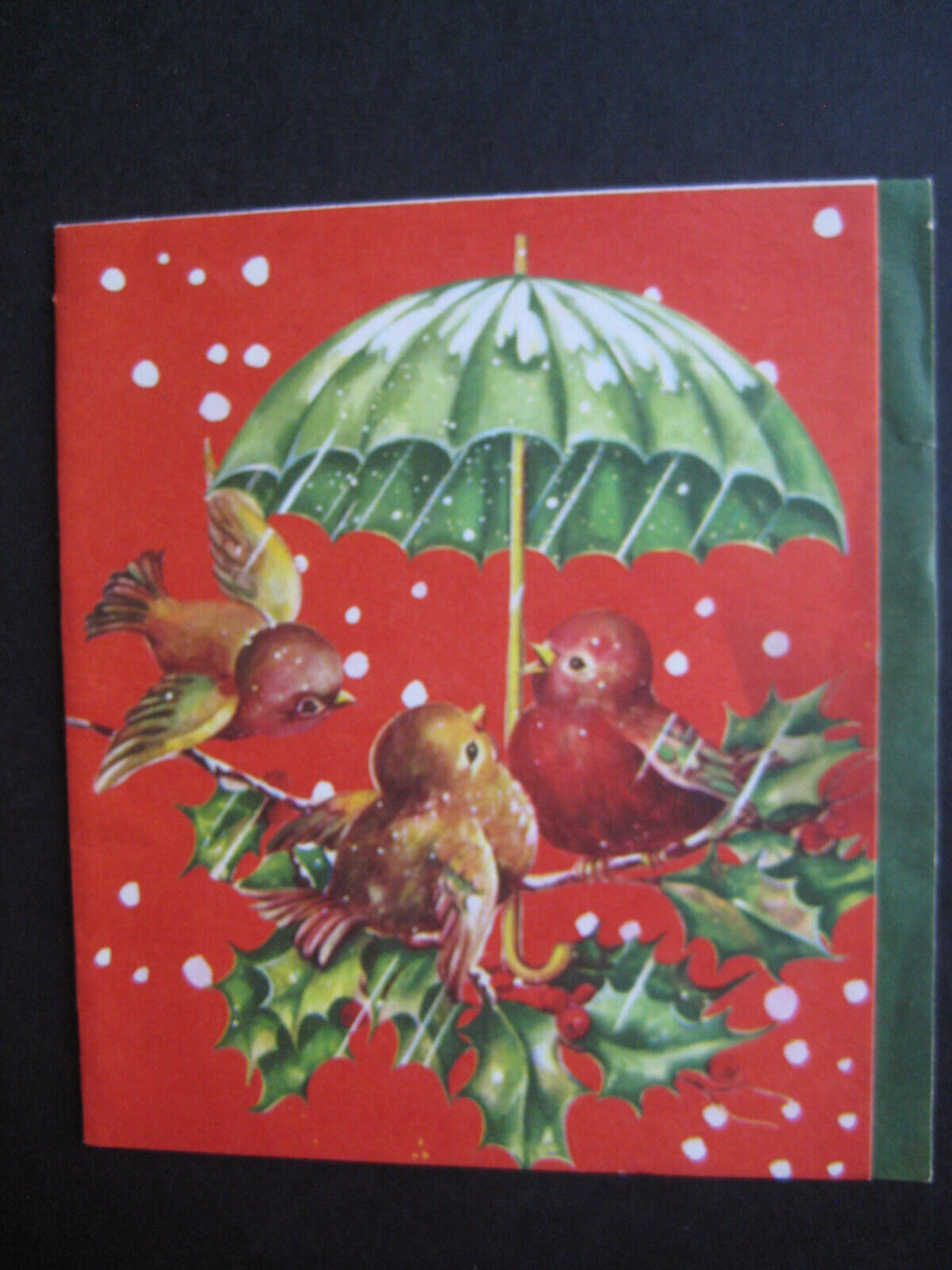 1940s vintage greeting card CHRISTMAS Birds w/ Umbrella On Holly Branch In Snow