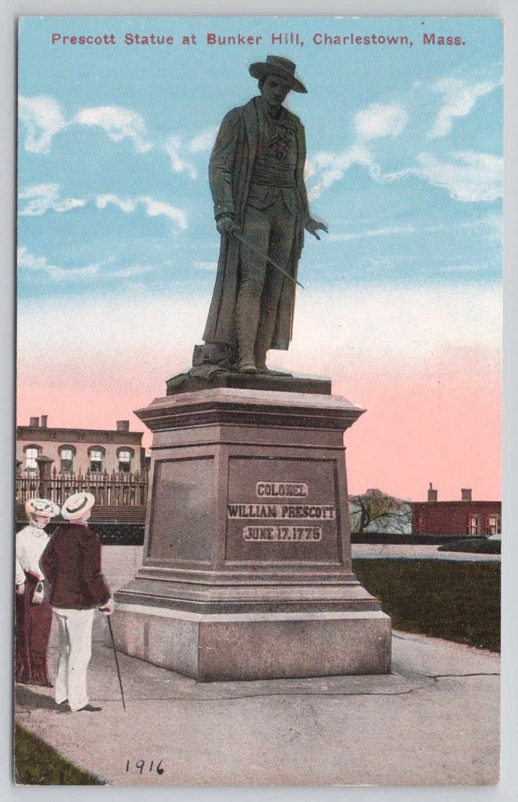 Postcard Prescott statue at Bunker Hill, Charlestown, Massachusetts