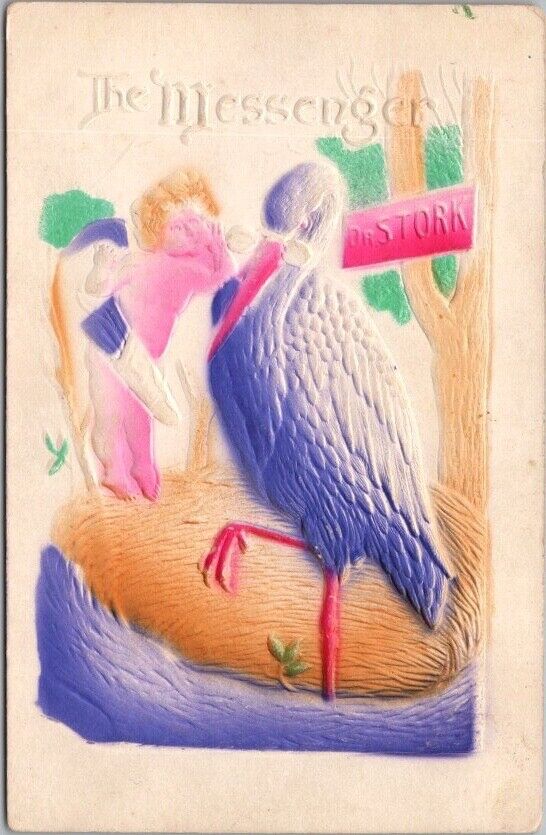 c1910s Birth Announcement Embossed Postcard Air-Brushed Stork & Baby / UNUSED