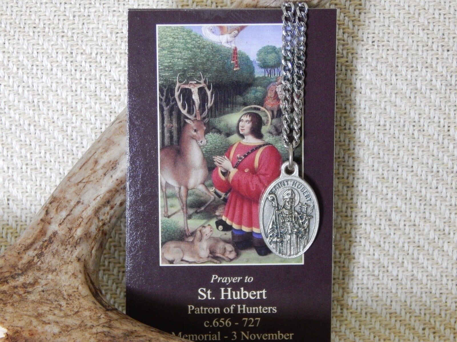 St. Hubert, Patron Saint of Hunters Medal, Chain and Prayer Card