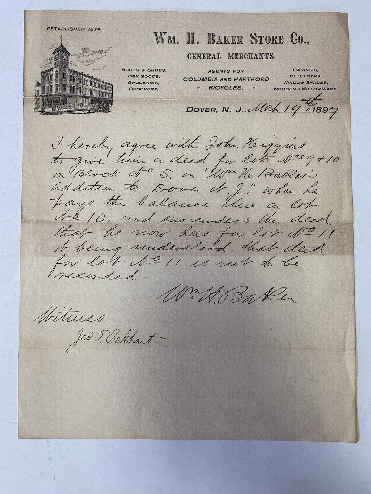 Antique 1897 WM H. Baker Store Co. Estimate Deed Agreement