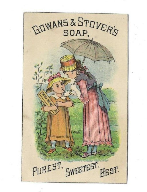 1889 Trade Card Gowans Stovers New Soap Girls Umbrella Pratt Grocer Olean NY