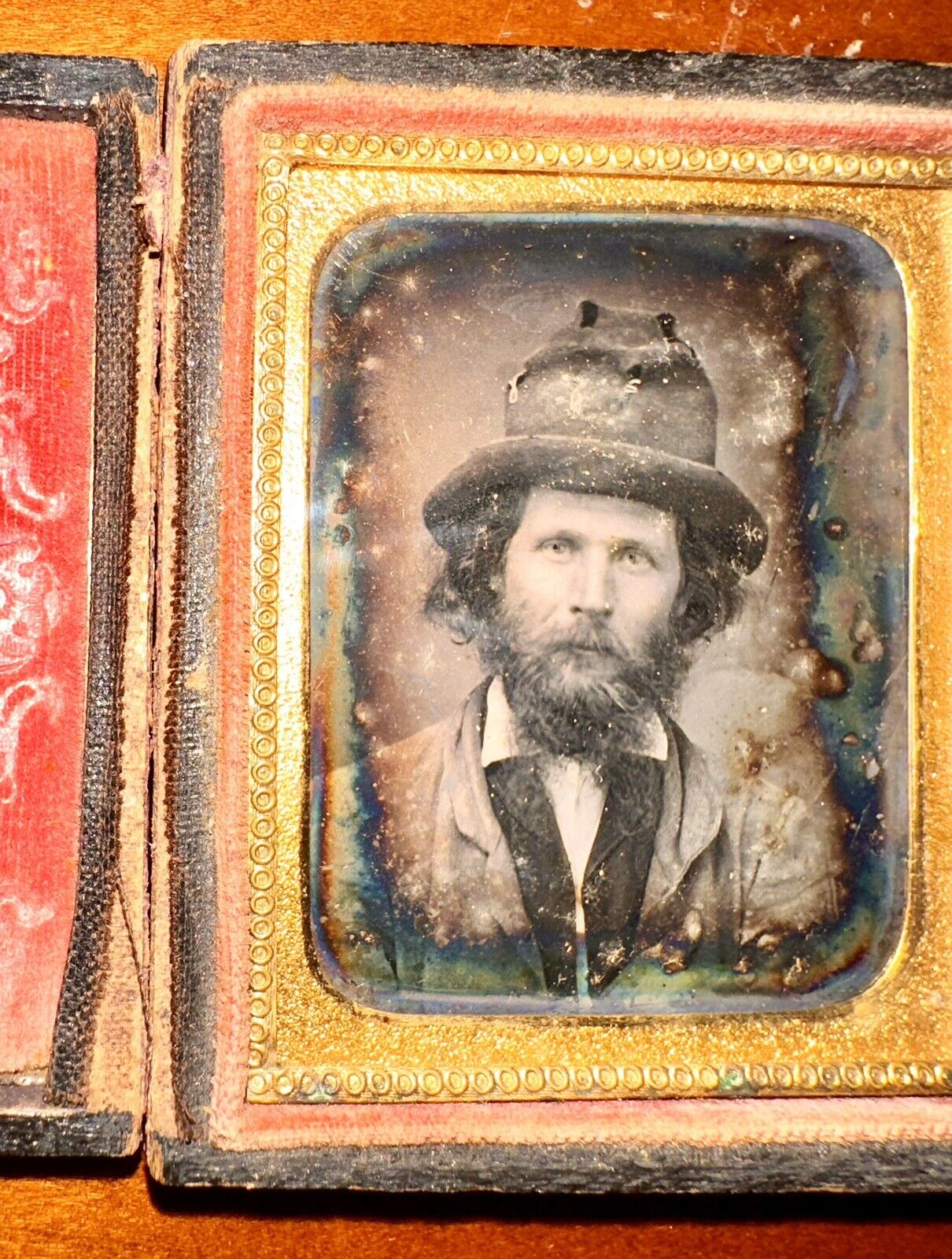 Unusual Daguerreotype Bearded Man Wearing Worn Patched Hat 1850s