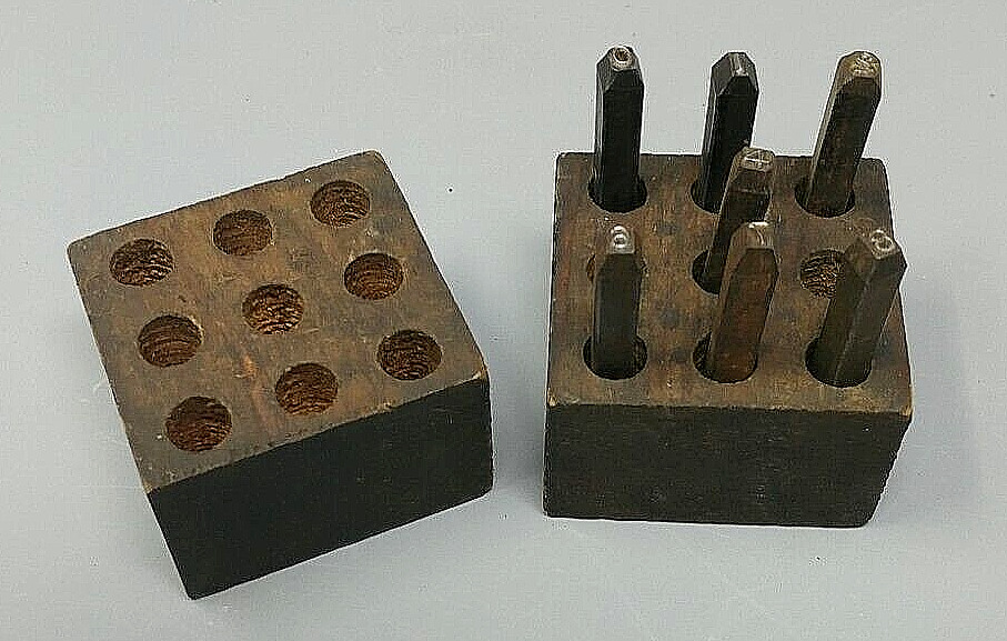Vintage Machine Cut Steel Number Punch Wood Box (missing numbers 3 & 5)