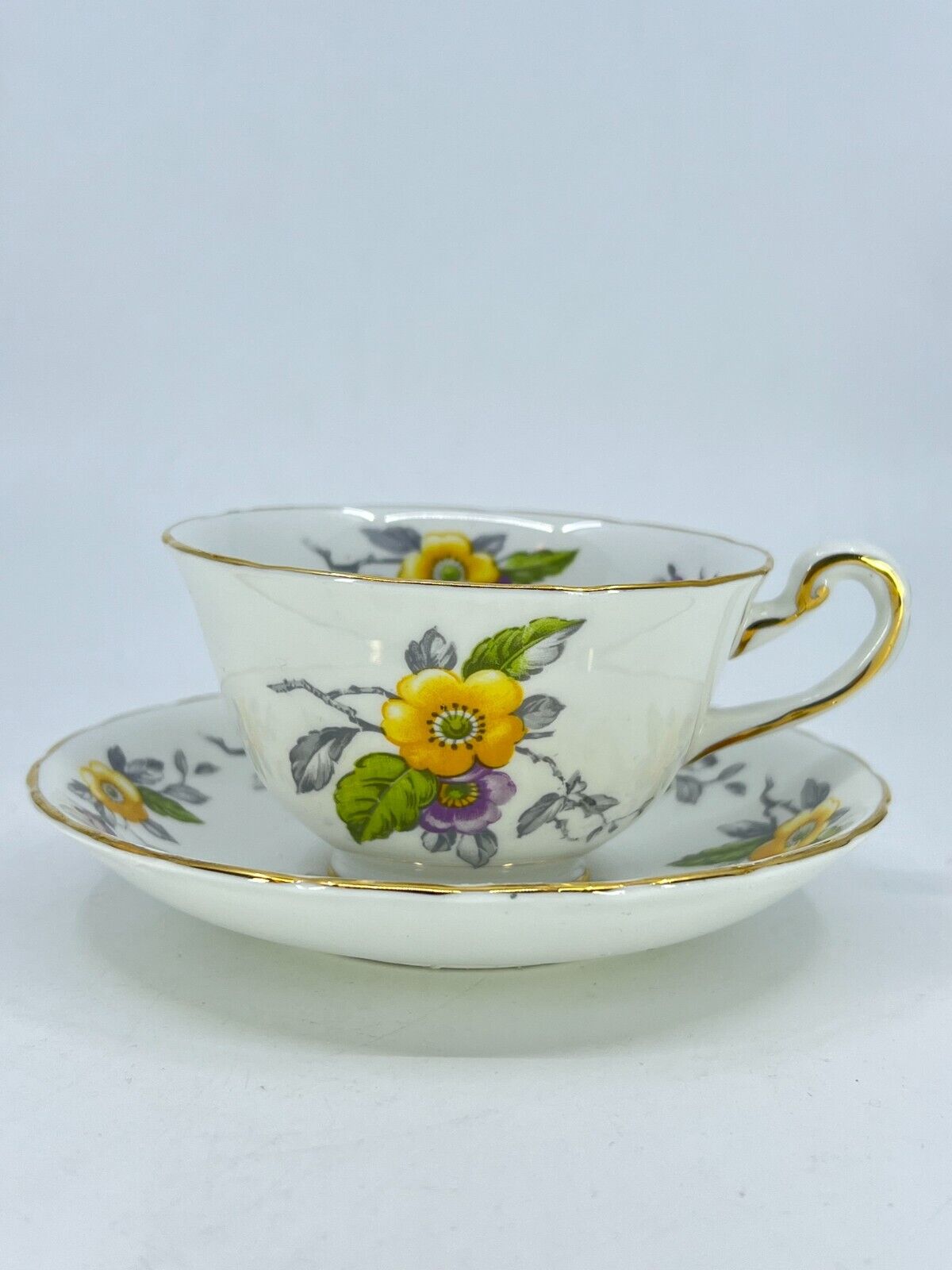 1950s Royal Chelsea Bone China Tea Cup and Saucer Set Yellow Flower UK Made VTG