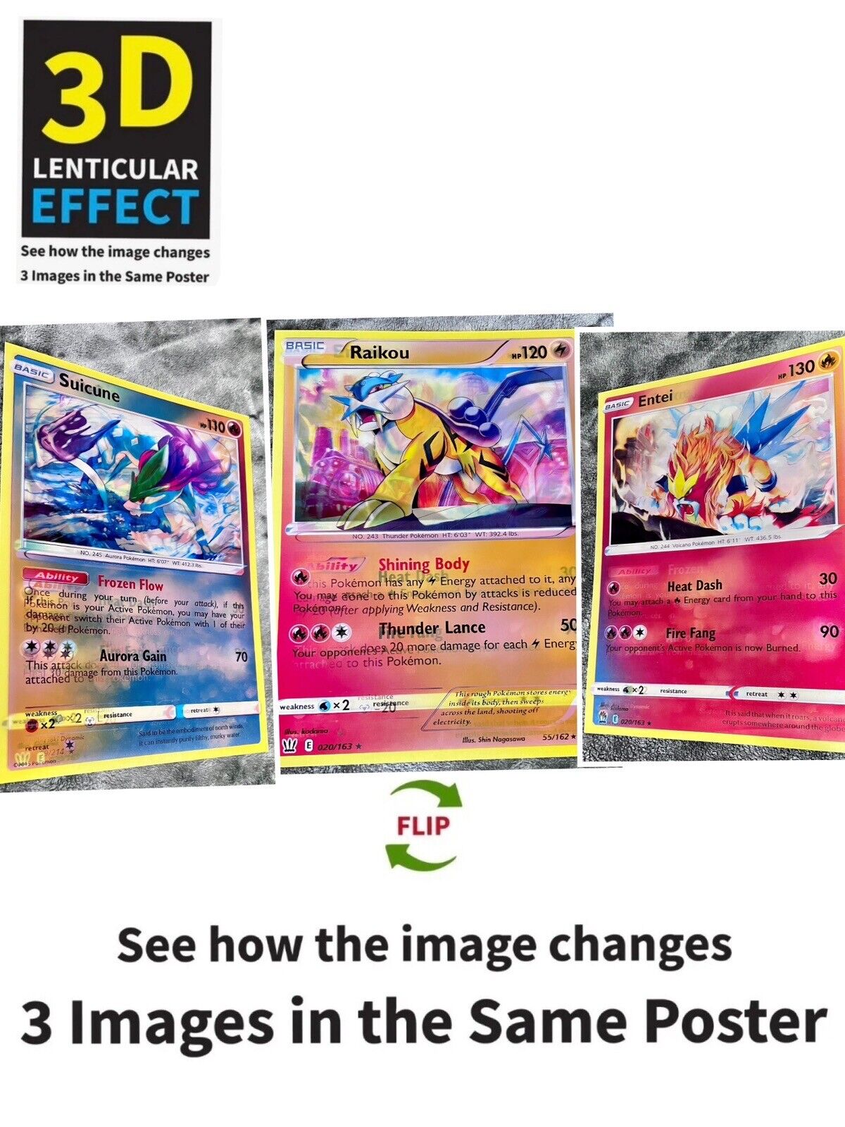 Pokémon-Raikou,Entei,Suicune 3D Poster 3D Lenticular Flip Effect,3 In One