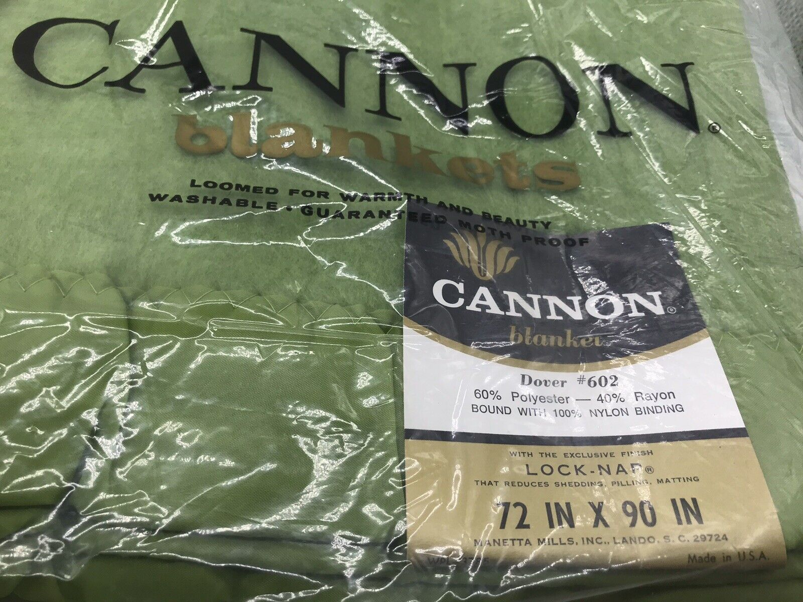 Cannon Blanket 72 x 90 Full Twin Lock-Nap Green Satin Trim Vintage NIB