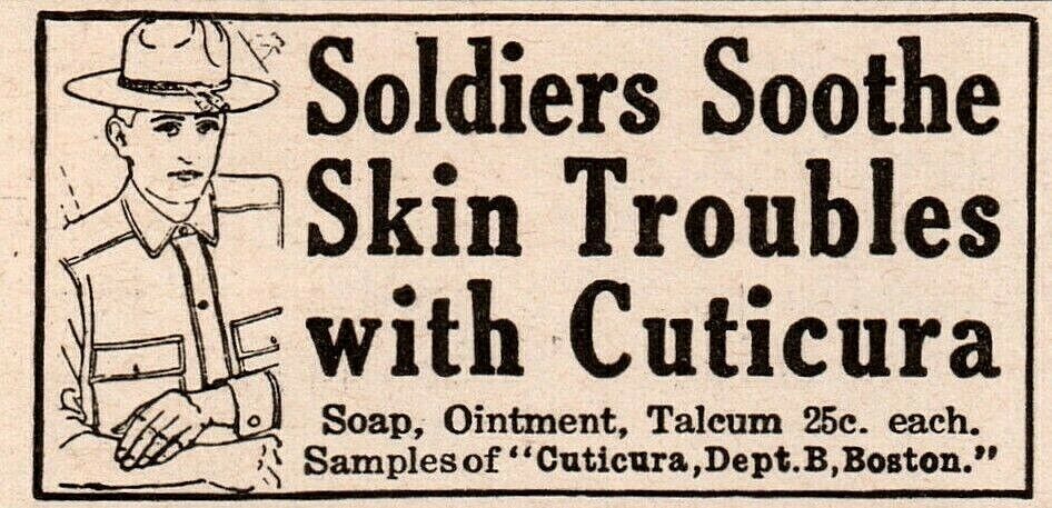1918 Cuticura Soap Soldier WWI Soothe Skin Problems Print Ad