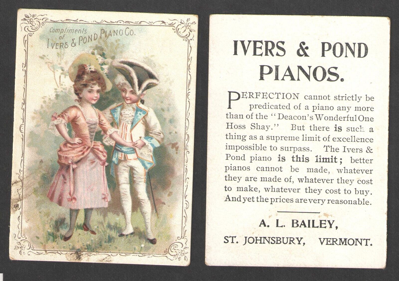 1880s IVERS & POND PIANOS { A L BAILEY ST JOHNBURY VT } VICTORIAN TRADE CARD