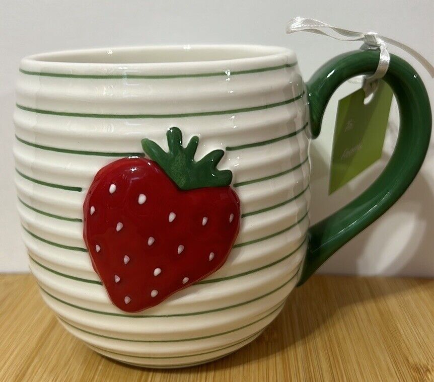 LANG Hand Painted Strawberry Coffee Mug Stripes 16oz. NWT