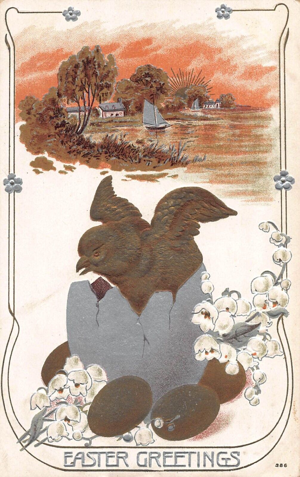 Easter Greetings Chick with Eggs Antique Embossed Postcard 