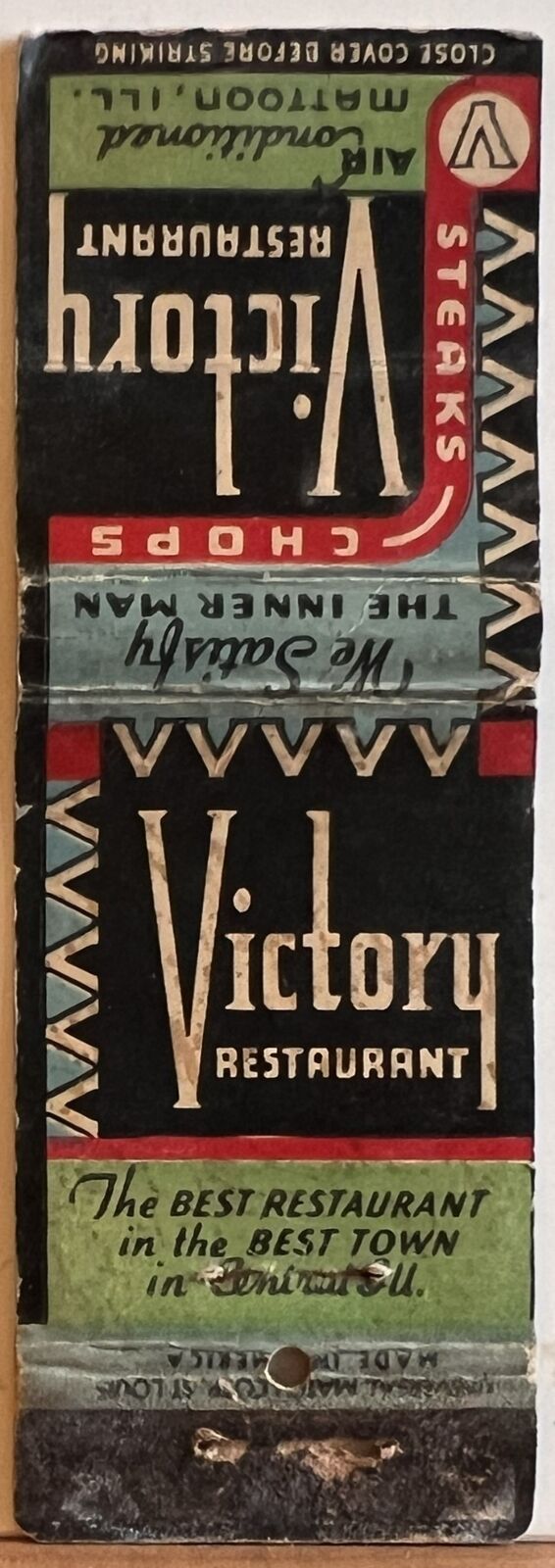 Victory Restaurant Mattoon IL Illinois Vintage Matchbook Cover