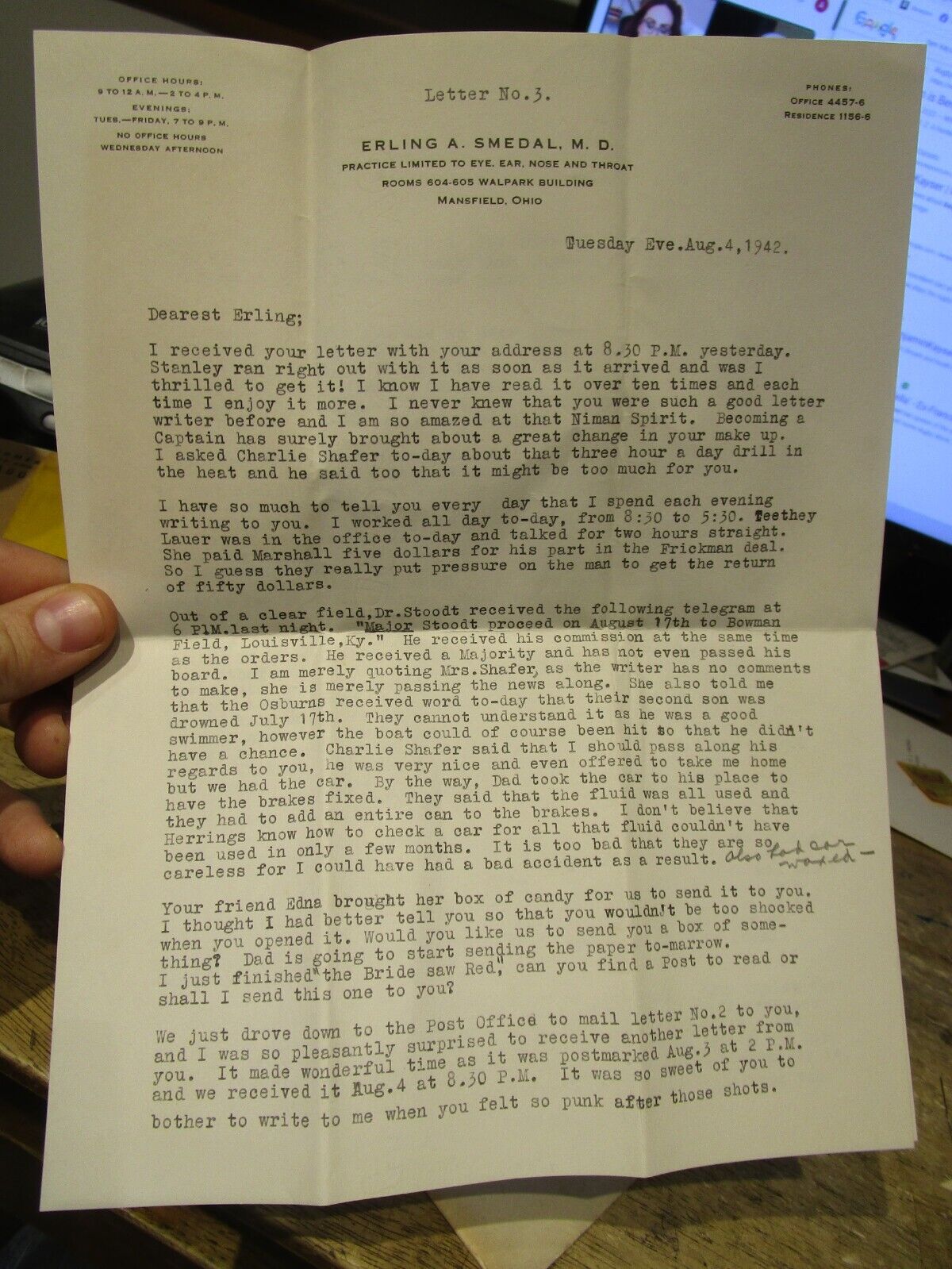 1942 Mansfield Ohio to Langley Field Hospital Virginia Dr. Erling Smedal Letter