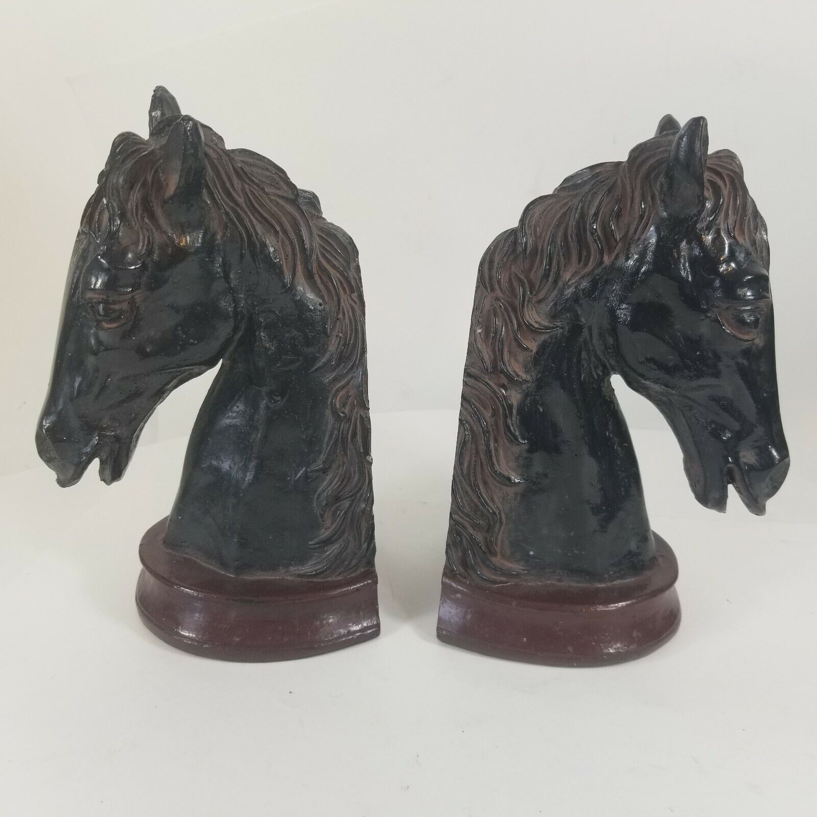 Horse Heads Bust Bookend Detailed Realistic Black Resin 7\