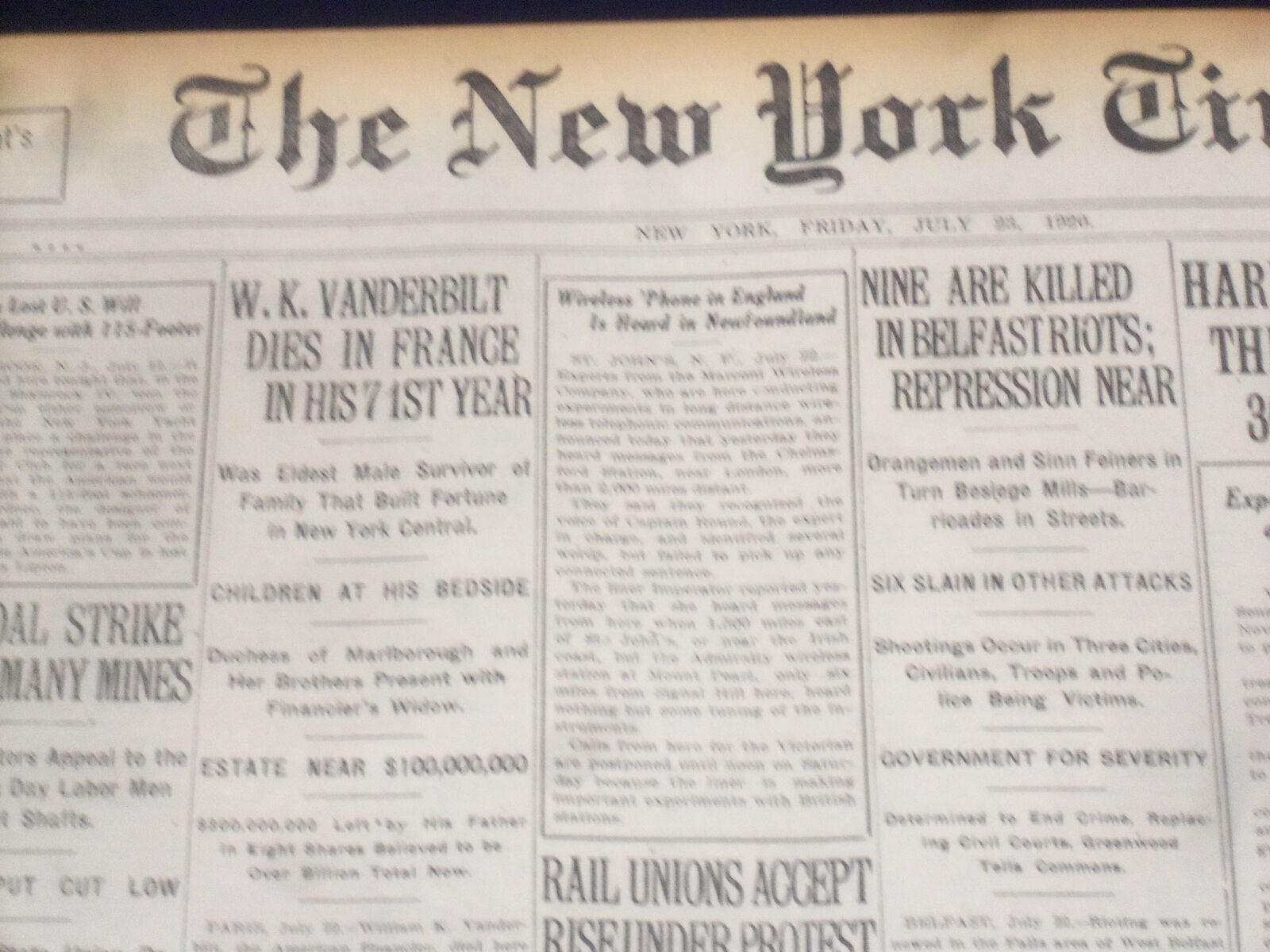 1920 JULY 23 NEW YORK TIMES - W.K. VANDERBILT DIES AT 71 - NT 9340