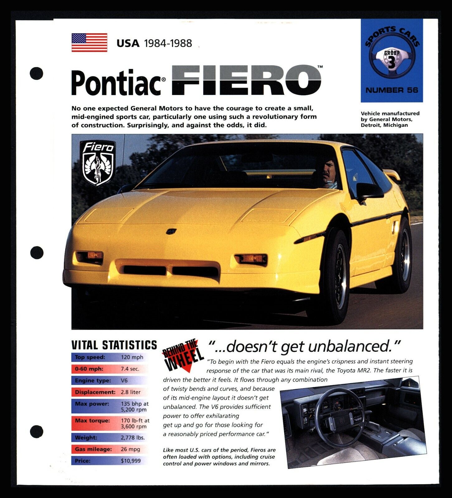 Pontiac Fiero (USA 1984-1988) Spec Sheet 1998 HOT CARS Sports Cars #3.56