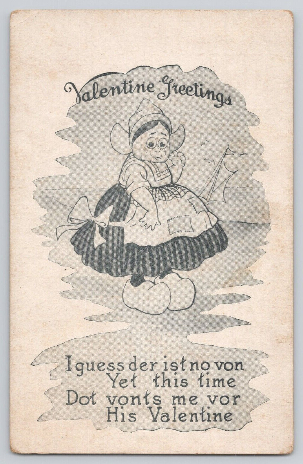 Postcard Valentine Greetings,  Sad Dutch Girl