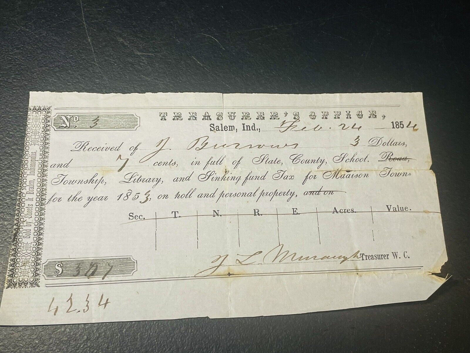 ORIGINAL 1854 Treasurer’s Office Receipt - Salem, Indiana