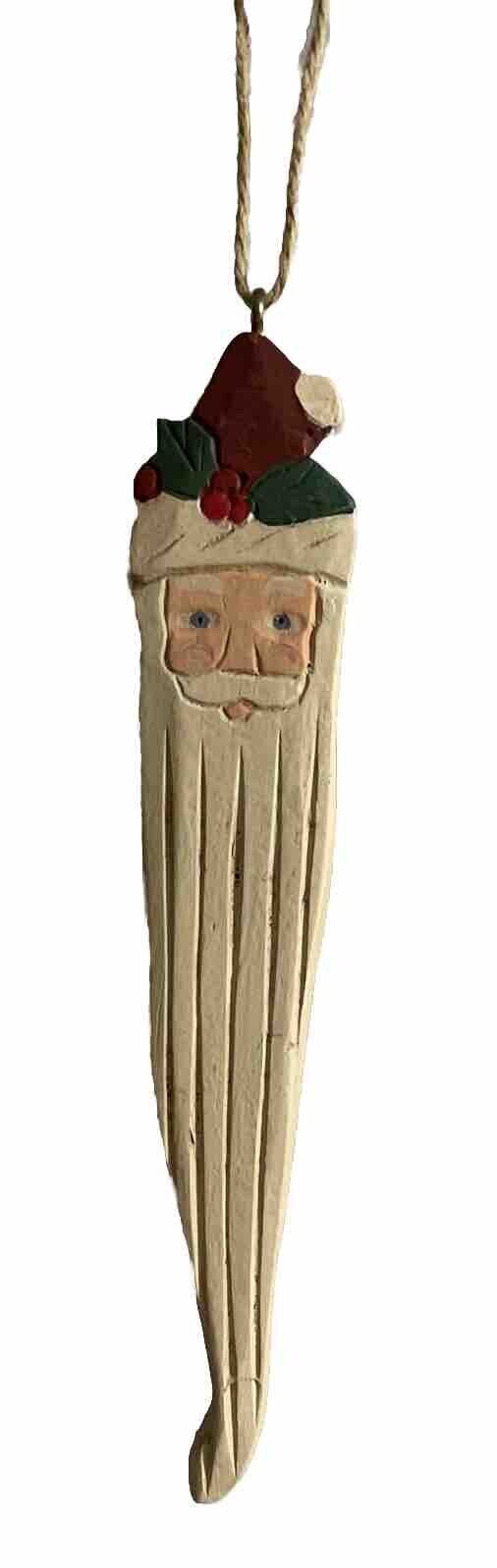 Hand Carved Ornament Wooden Santa Face Hand Painted Rustic Folk Art Hanging
