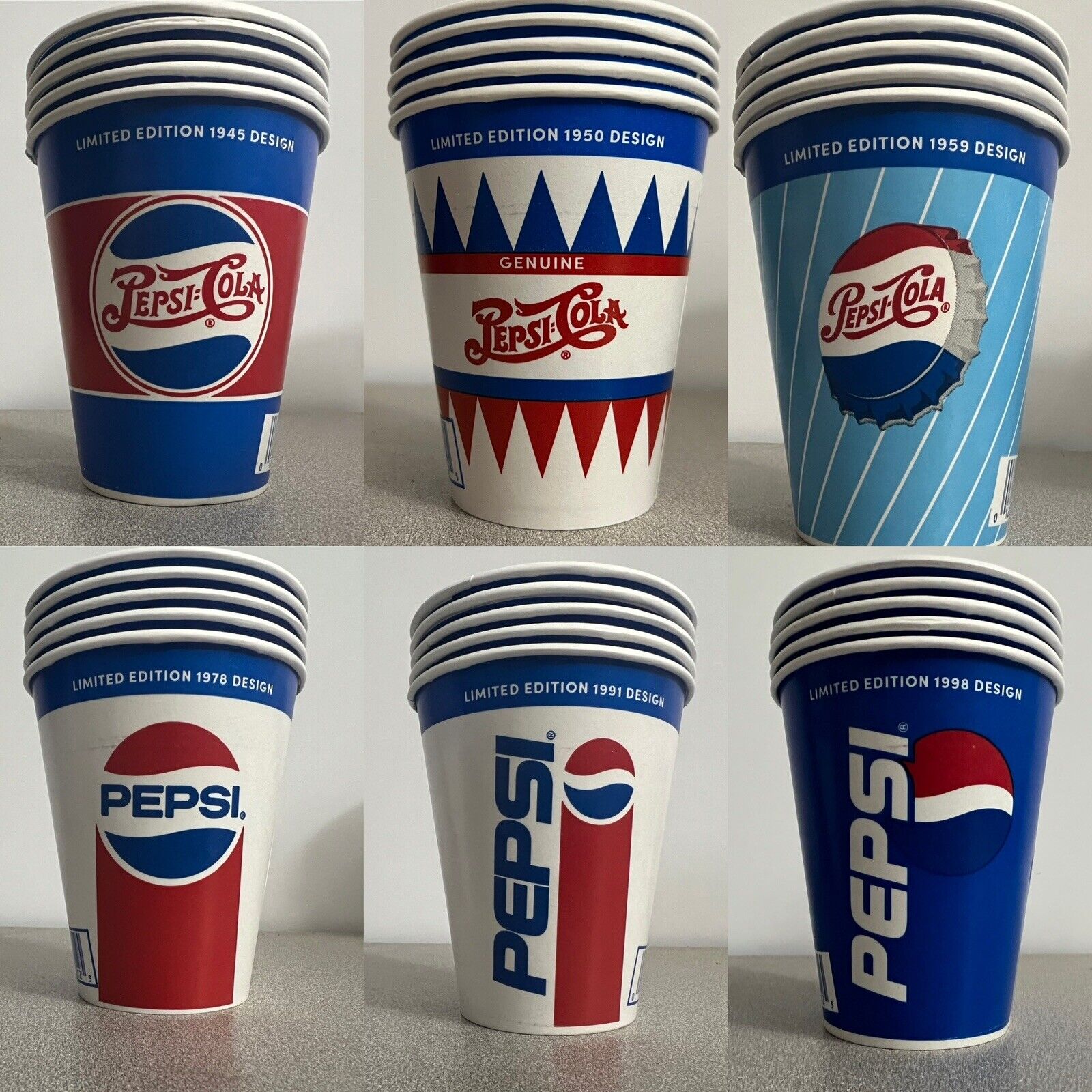 *NEW PEPSI PAPER COLLECTOR CUPS*|5 of Each of The 6 Designs|1945/50/59/78/91/98