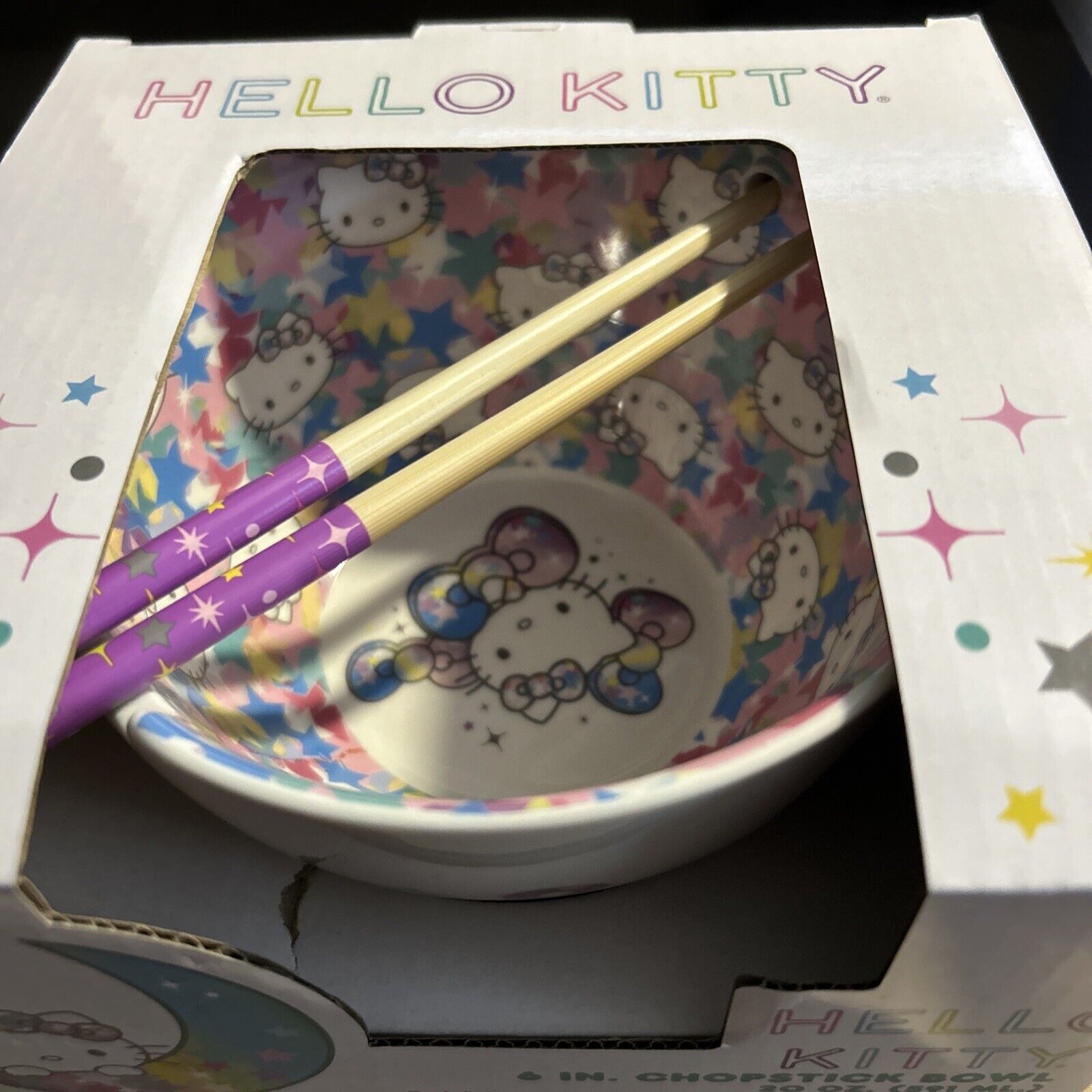 NEW Hello Kitty Ceramic Ramen Bowl 20 Oz With Chopsticks Bow Rainbow Stars