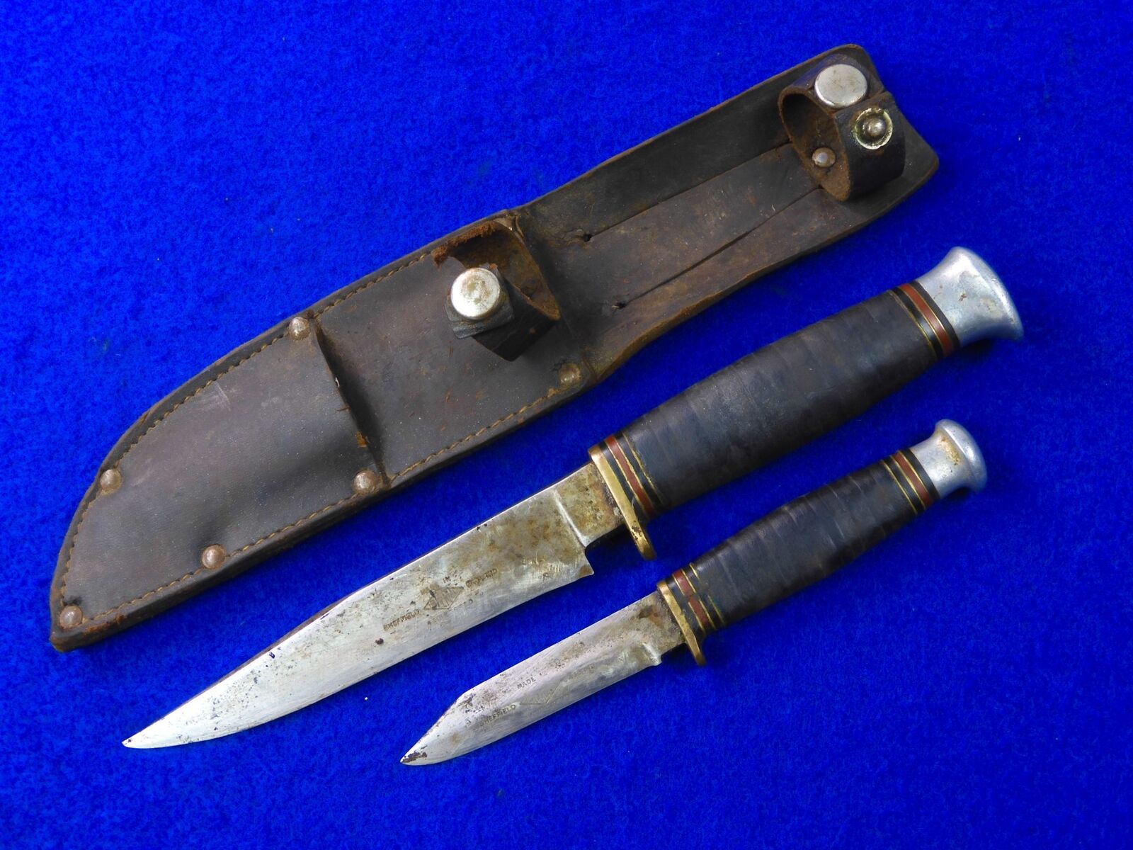 Vintage Antique Old British English Sheffield Set of 2 Hunting Knife w/ Sheath