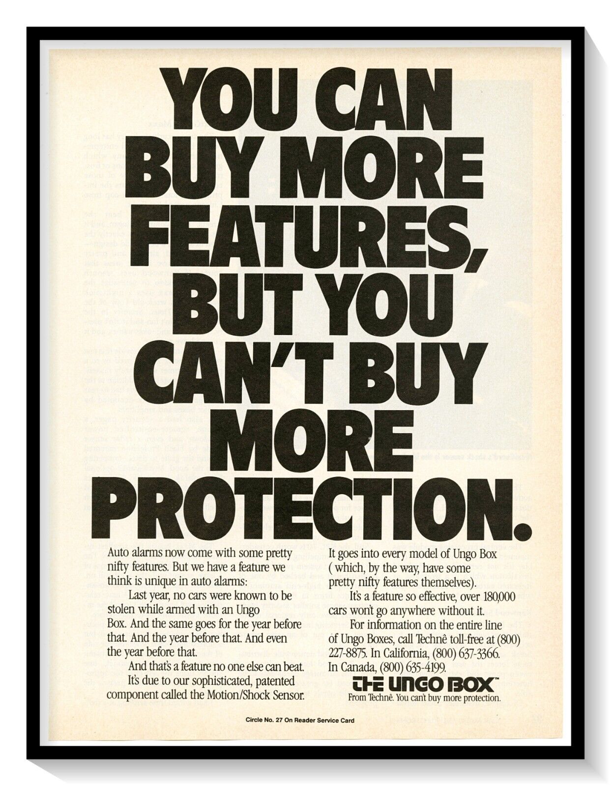 The Ungo Box Car Alarm Print Ad Vintage 1989 Magazine Advertisement