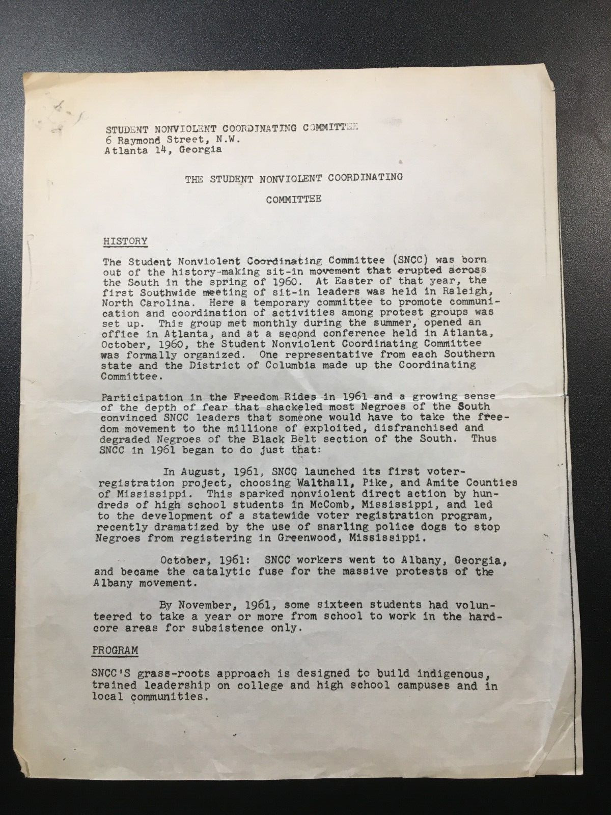 SNCC Original Typed Document 1960's Civil Rights Movement 
