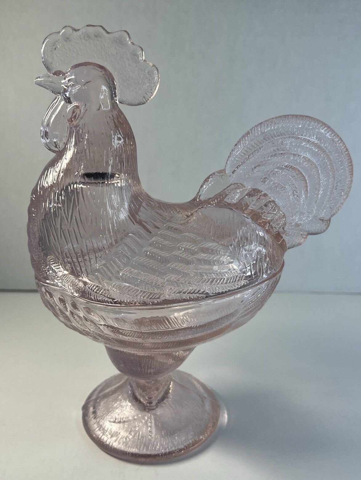 Pink Glass Rooster Lidded Candy Dish