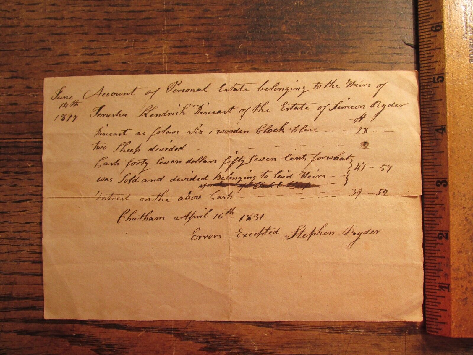 Antique Ephemera 1831 Chatham MA Receipt Document Estate Goods Sheep Cash +