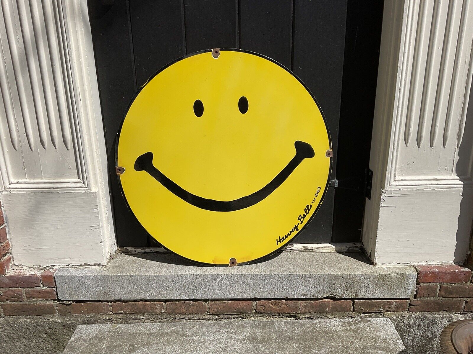 Bright Smiley Happy face Porcelain  Hippie sign large 30 inch 1963