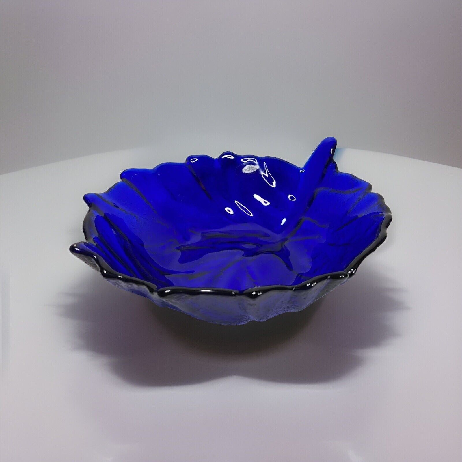Vintage Blenko Glass Cabbage Leaf Bowl in Cobalt Blue Glass