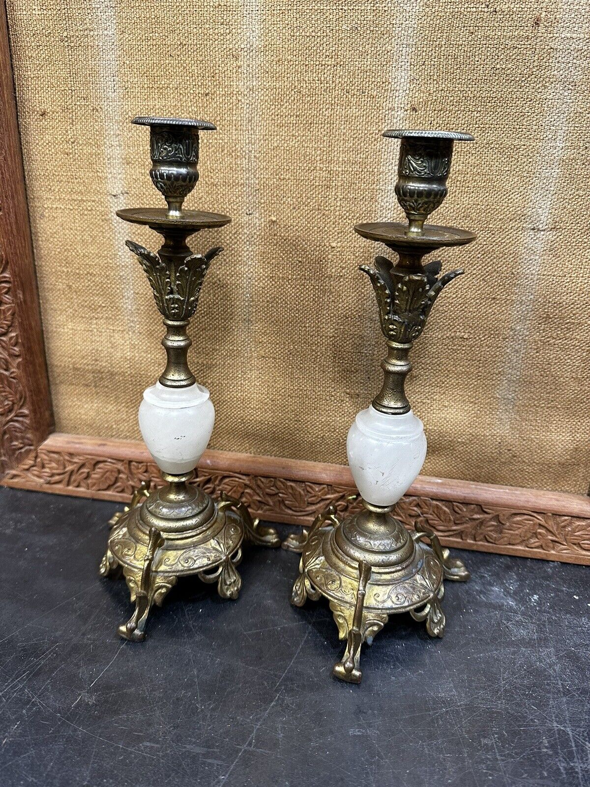 Pair of French New Rococo Ormelu Candlestick Holders Bronze & Alabaster 19th Cen