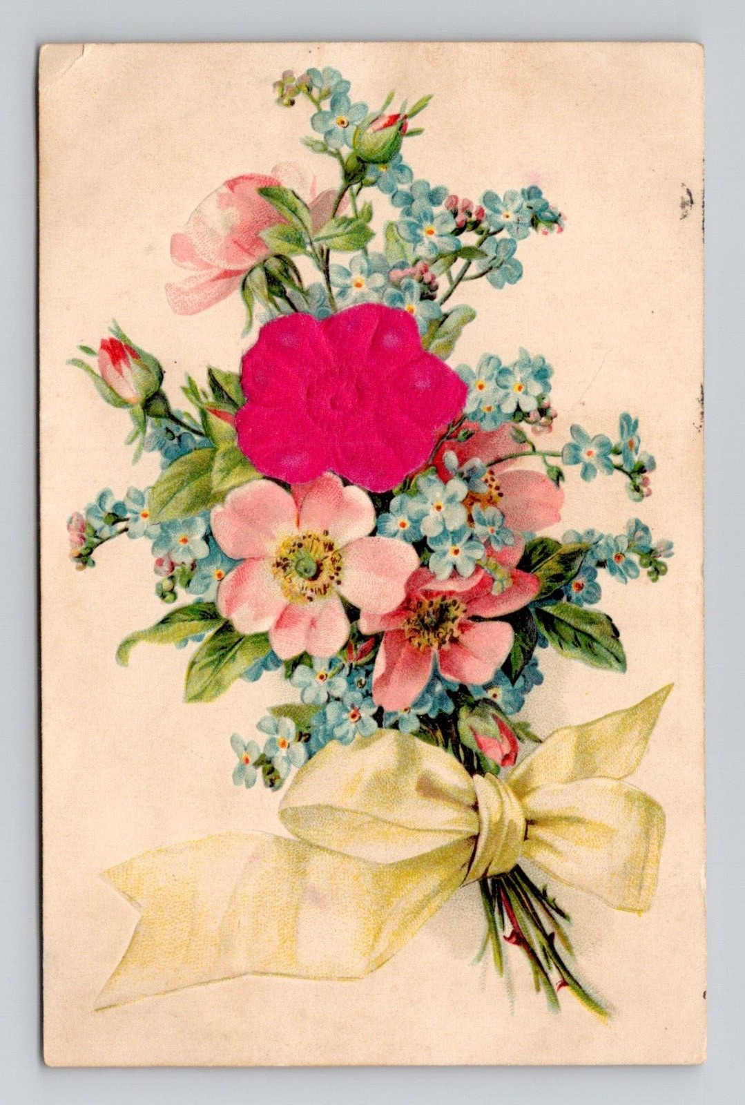 Postcard Flower Bouquet with Silk Rose, Antique A7
