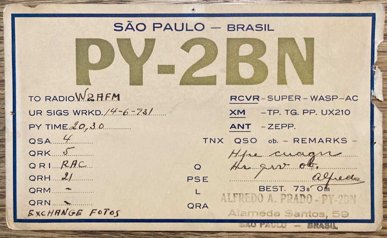 1931 QSL Card - Sao Paulo Brasil Alfredo A. Prado  PY-2BN Postcard