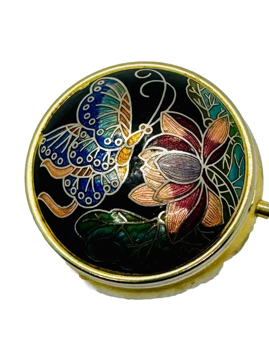 Vintage Metal Pill Box Cloisonne Guilloche Enamel With Butterfly & Floral Design