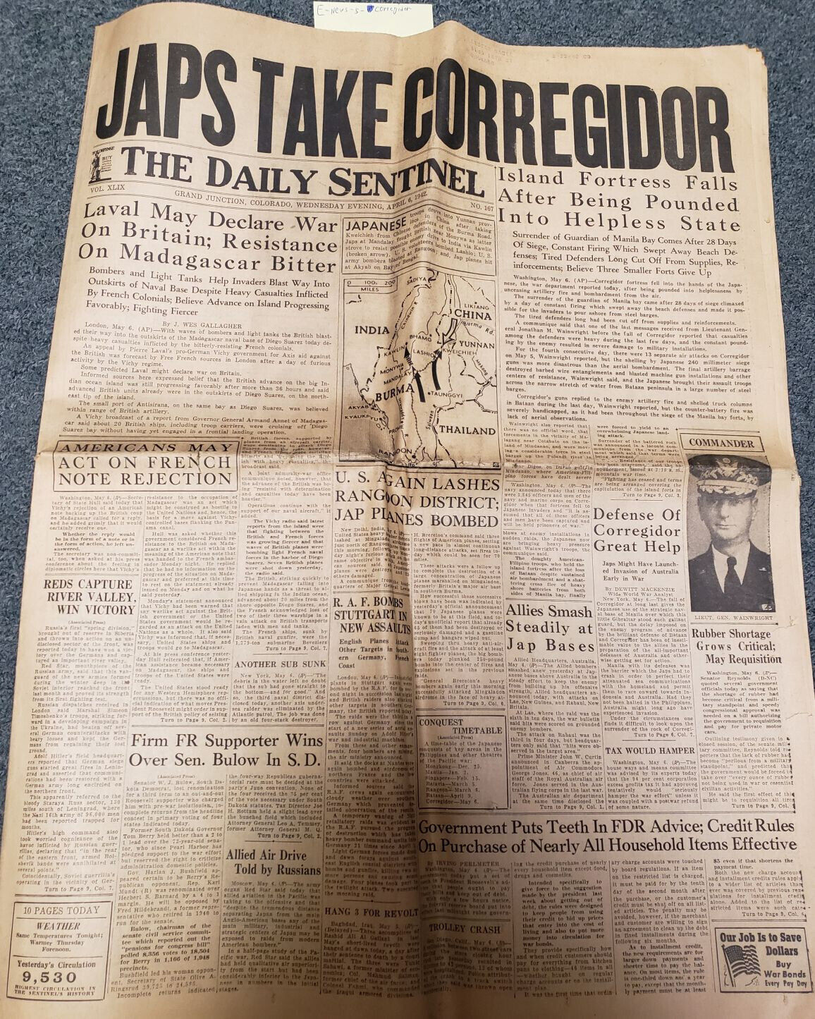 April 6 1942 WWII Newspaper; Japan Corregidor Surrenders; MacArthur